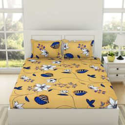 Welspun Yellow Floral 144 TC Cotton Queen Bedsheet with 2 Pillow Covers-image-39