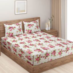 SWAYAM White & Pink Floral Cotton 160 TC Queen Bedsheet With 2 Pillow Covers-image-34