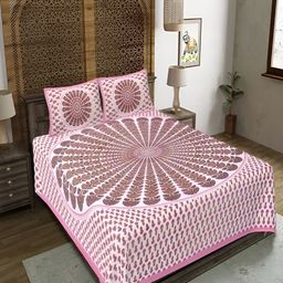 Runjhun White & Pink Floral Printed 180 TC Cotton Queen Bedsheet with 2 Pillow Covers-7