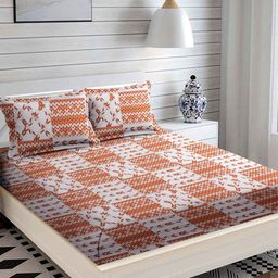 MODEFE Orange & White Floral Microfiber 180 TC Queen Bedsheet With 2 Pillow Covers-image-34