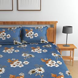 Florida Blue & White Floral Cotton 180 TC Queen Fitted Bedsheet with 2 Pillow Covers-image-73