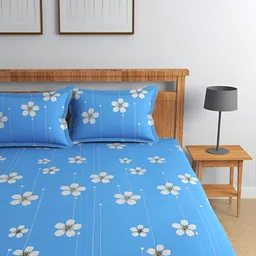 Florida Blue & White Floral Cotton 180 TC Queen Fitted Bedsheet with 2 Pillow Covers-image-93