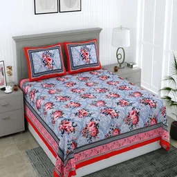 Wayne Martin Blue & Red Floral Cotton 210 TC Queen Bedsheet With 2 Pillow Covers-image-87