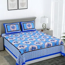 Wayne Martin Blue Floral Cotton 210 TC Queen Bedsheet with 2 Pillow Covers-image-40