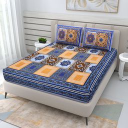Wayne Martin Blue Printed Pure Cotton 210 TC Double Queen Bedsheet with 2 Pillow Covers-image-16