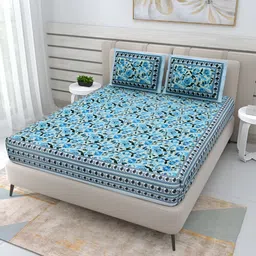 Wayne Martin Blue & Black Floral Cotton 210 TC Queen Bedsheet With 2 Pillow Covers-image-81