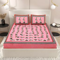 Wayne Martin Pink & Red Floral Cotton 210 TC Queen Bedsheet with 2 Pillow Covers-13