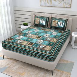 Wayne Martin Teal & White Floral Cotton 210 TC Queen Bedsheet With 2 Pillow Covers-image-77