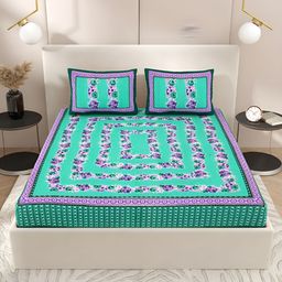 Wayne Martin Teal & Blue Floral Cotton 210 TC Queen Bedsheet With 2 Pillow Covers-image-31