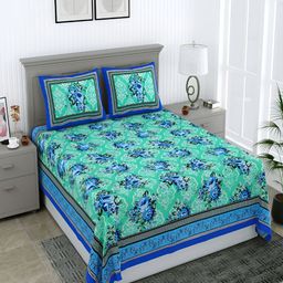 Wayne Martin Teal & Blue Floral Cotton 210 TC Queen Bedsheet With 2 Pillow Covers-image-78