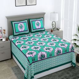 Wayne Martin Teal & White Floral Cotton 210 TC Queen Bedsheet With 2 Pillow Covers-image-81