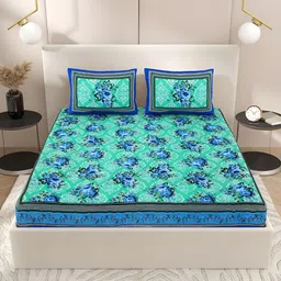 Wayne Martin Teal Blue & Green Floral  Cotton 210 TC Queen Bedsheet with 2 Pillow Covers-17