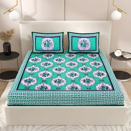 Wayne Martin Teal Green & White Floral Cotton 210 TC Queen Bedsheet With 2 Pillow Covers-image-79