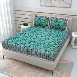 Wayne Martin Teal & White Floral Cotton 210 TC Queen Bedsheet With 2 Pillow Covers-image-85