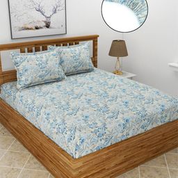 MORADO Blue & White Floral 210 TC Fitted Queen Bedsheet With 2 Pillow Covers-image-95