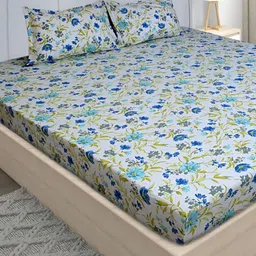 Stylista Off White Printed Cotton 400 TC Fitted Queen Bedsheet With 2 Pillow Covers-image-7