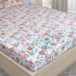 Stylista Off White Printed Cotton 400 TC Fitted Queen Bedsheet With 2 Pillow Covers-image-8