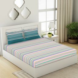 SPACES Gypsy Pink & Green Striped Cotton 144 TC Queen Bedsheet with 2 Pillow Covers-image-52