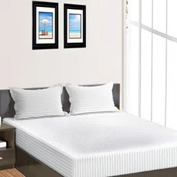 RRC White Striped 144 TC Queen Fitted Bedsheet with 2 Pillow Covers-image-2