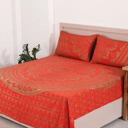 HANDICRAFT PALACE Red & Brown Printed 144 TC Cotton Queen Bedsheet & 2 Pillow Covers-image-55