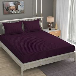 Bromwick Maroon &Grey Striped Cotton 210 TC Queen Bedsheet with 2 Pillow Covers-image-51