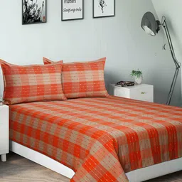 Airwill Orange Striped Cotton 104 TC Queen Bedsheet with 2 Pillow Covers-18