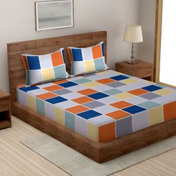 BREVARD Blue & Yellow Geometric 210 TC Queen Size Fitted Bedsheet with 2 Pillow Covers-image-33