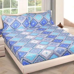 ROMEE Blue & White Geometric Microfiber 150 TC Queen Bedsheet with 2 Pillow Covers-image-85