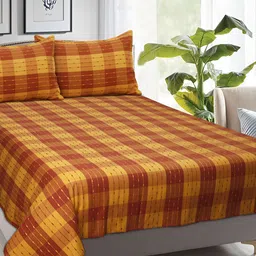 Airwill Yellow Striped Cotton104 TC Queen Bedsheet with 2 Pillow Covers-image-56