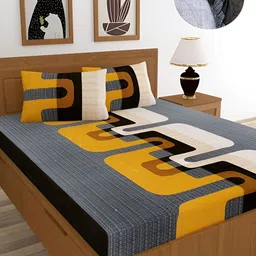 BREVARD Yellow & Grey Abstract Cotton 210 TC Fitted Queen Bedsheet With 2 Pillow Covers-image-82