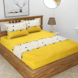 BREVARD Yellow & Beige Checked 210 TC Fitted Queen Bedsheet With 2 Pillow Covers-image-46