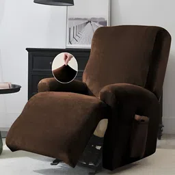 HOKIPO Brown Velvet 1 Seater Stretchable Sofa Cover With Arms-image-88