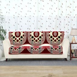 BELLA TRUE Set Of 6 Maroon & Beige Geometric Chennile 5-Seater Sofa Cover-18