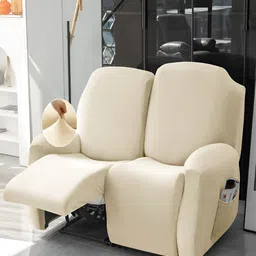 HOKIPO Beige Velvet 2 Seater Stretchable Sofa Cover With Arms-image-31