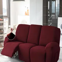 HOKIPO Burgundy Velvet 2 Seater Stretchable Sofa Cover With Arms-image-78