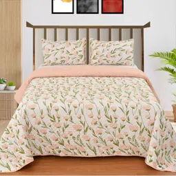 MallowWorld Beige & Peach Colored Printed Double King Bed Cover With Pillow Cover-image-67