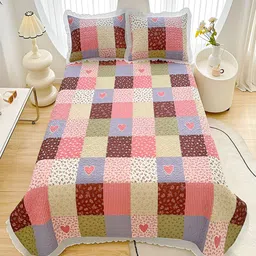 JC HOME Pink, & Blue Geometric 128 TC Double Queen Bed Cover With 2 Pillow Covers-image-75