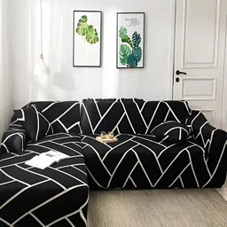 HOUSE OF QUIRK Black & White 2 Pcs Geometric 6 Seater L Shape Elasticated Sofa Covers-31