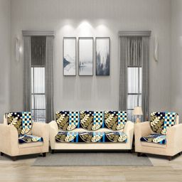 BELLA TRUE Set Of 6 Blue & Beige Leaf Printed Chennile 5-Seater Sofa Cover-15