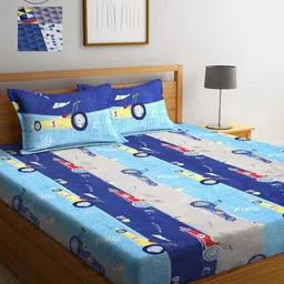 Arrabi Blue & Grey Graphic 300 TC 2 King Bedsheets with 4 Pillow Covers-image-58
