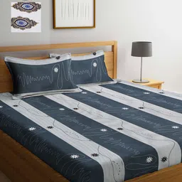 Arrabi Grey & White Striped 300 TC 2 King Bedsheet with 4 Pillow Covers-image-44