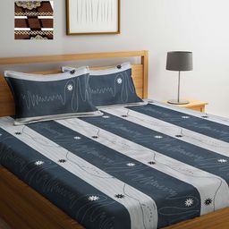 Arrabi Grey & Brown Striped 300 TC 2 King Bedsheet with 4 Pillow Covers-1