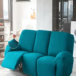HOKIPO Turquoise Blue Velvet 3 Seater Stretchable Sofa Cover With Arms-image-84