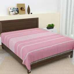 Varde Pink & White Striped Pure Handloom Cotton with Tassels Thick Yarn Double King Bedcover Set-image-78