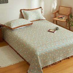 JC HOME Green Floral Printed 162 TC Superking Bed Cover With 2 Pillow Covers-image-40
