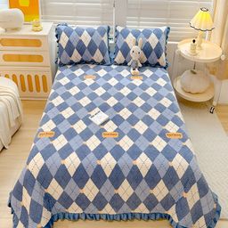 JC HOME Blue & Grey Geometric Printed 162 TC Double Queen Bed Cover & 2 Pillow Covers-image-39
