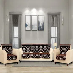 BELLA TRUE Set Of 6 Blue & Beige Patterned Chennile 5-Seater Sofa Cover-21