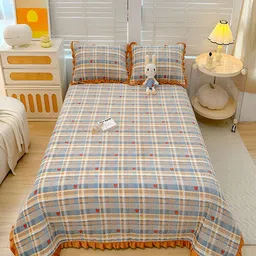 JC HOME Blue & White Checked 162 TC Double King Bed Cover With 2 Pillow Covers-image-62