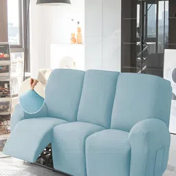 HOKIPO Blue Velvet 3 Seater Stretchable Sofa Cover With Arms-image-25