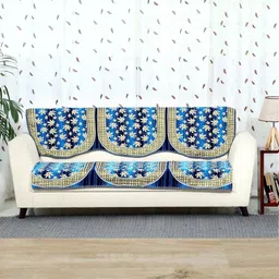 BELLA TRUE Set Of 6 Blue & Beige Floral Printed Chennile 5-Seater Sofa Cover-image-40